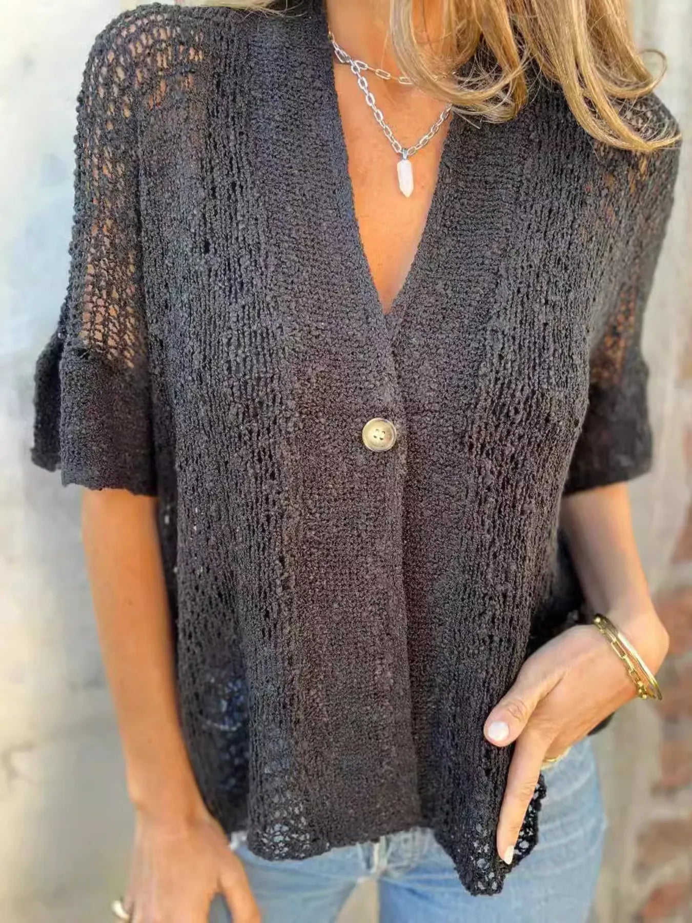 Full Size One Button Half Sleeve Cardigan Plus Size 