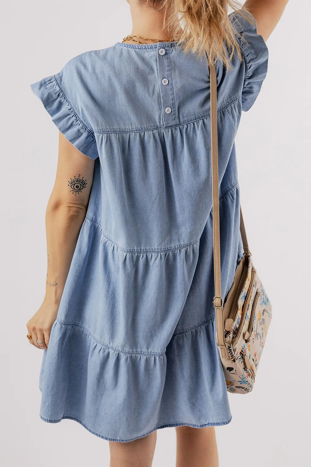 Ruffle Cap Sleeve Tiered A-line Denim Dress 