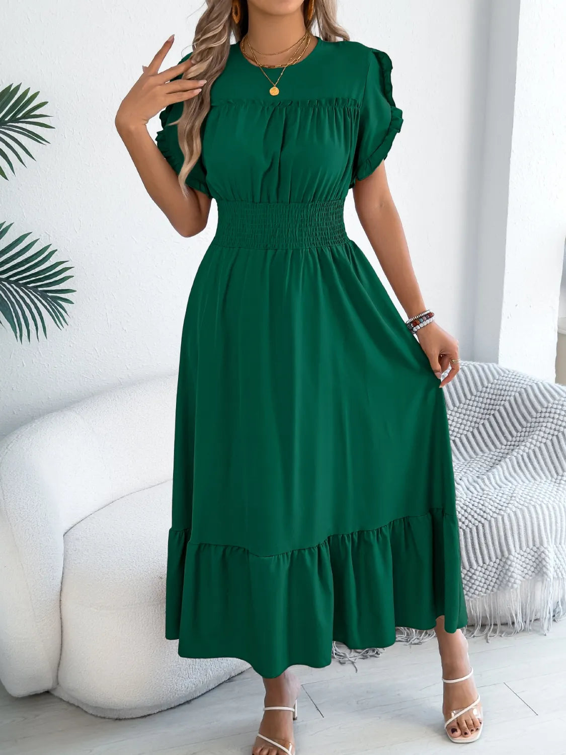 Smocked Frill Round Neck Midi Dress 