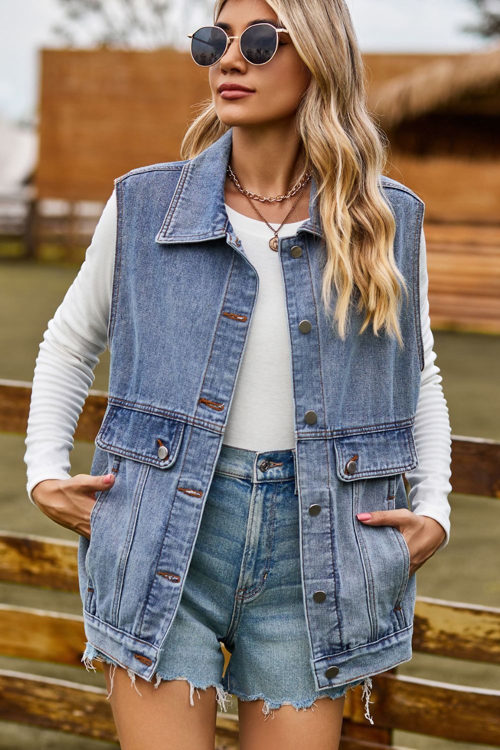 Sleeveless Collared Neck Denim Top with Pockets 