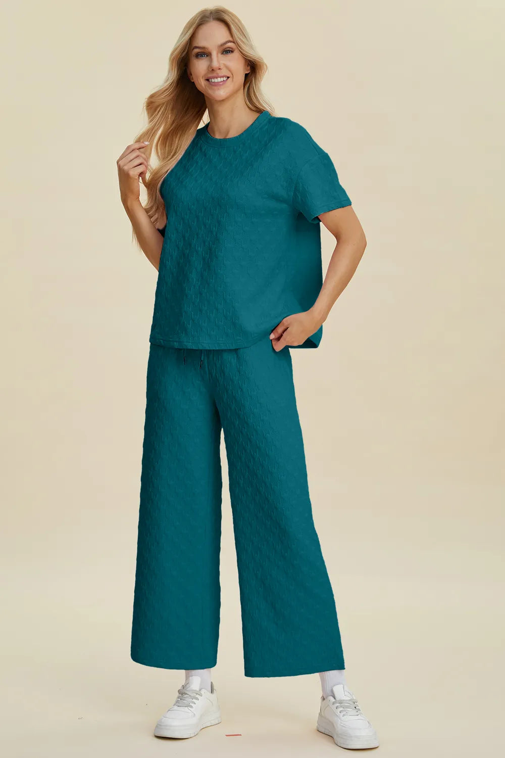 Double Take Full Size Texture Round Neck Short Sleeve Top and Pants Set 