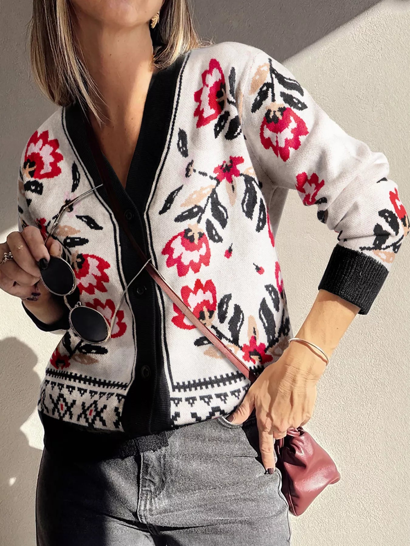 Floral Button Down Cardigan with Geometric Border 