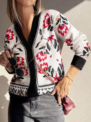 Floral Button Down Cardigan with Geometric Border 