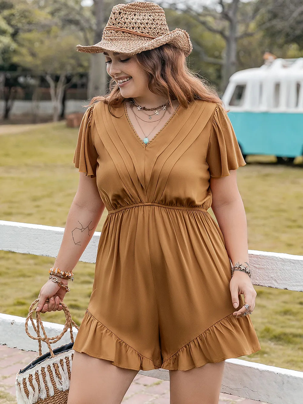 Plus Size Ruffled V-Neck Short Sleeve Romper 