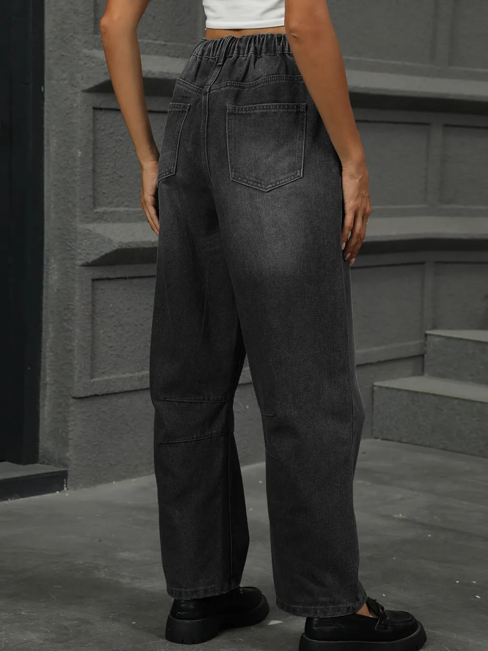 Half Elastic Waist Straight Leg Jeans 