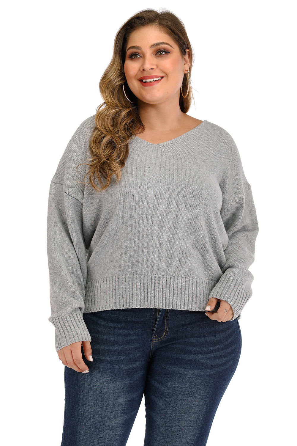 Plus Size V Neck Pullover Sweater 