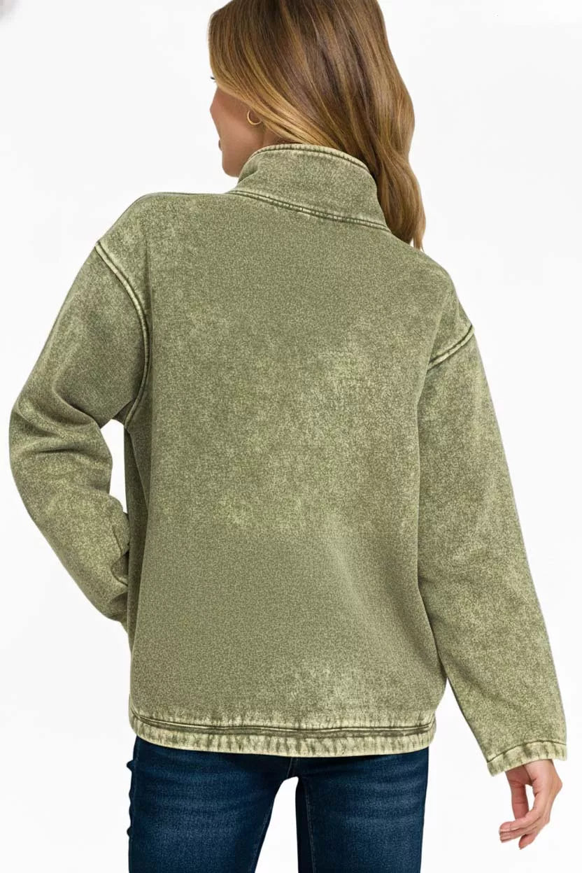 Zenana Fleece Washed High Neck Kangaroo Pocket Sweatshirt 