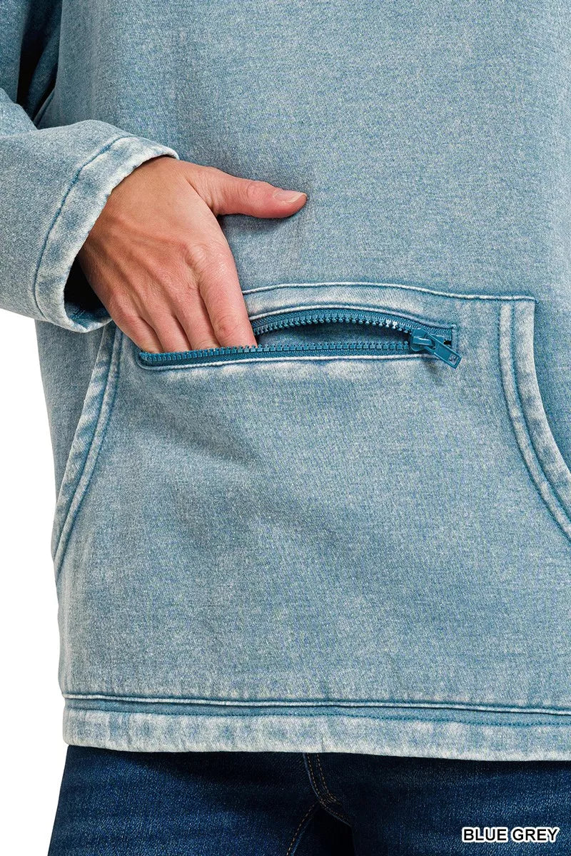 Zenana Fleece Washed High Neck Kangaroo Pocket Sweatshirt 