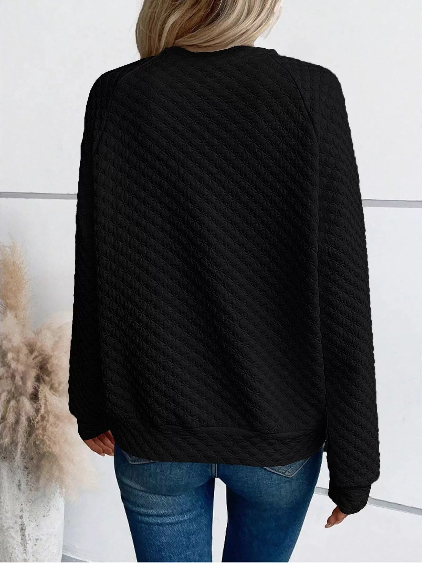 Textured Notched Raglan Sleeve Sweatshirt 