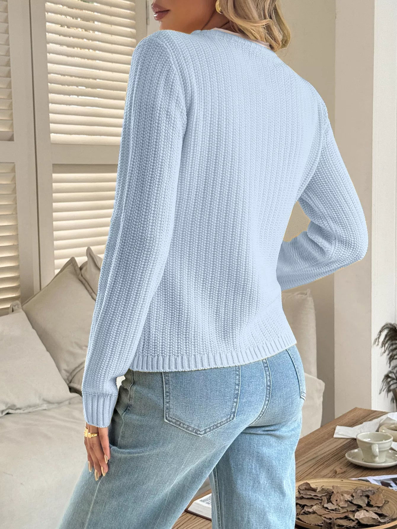 Button-Front Ribbed Long Sleeve Cardigan 