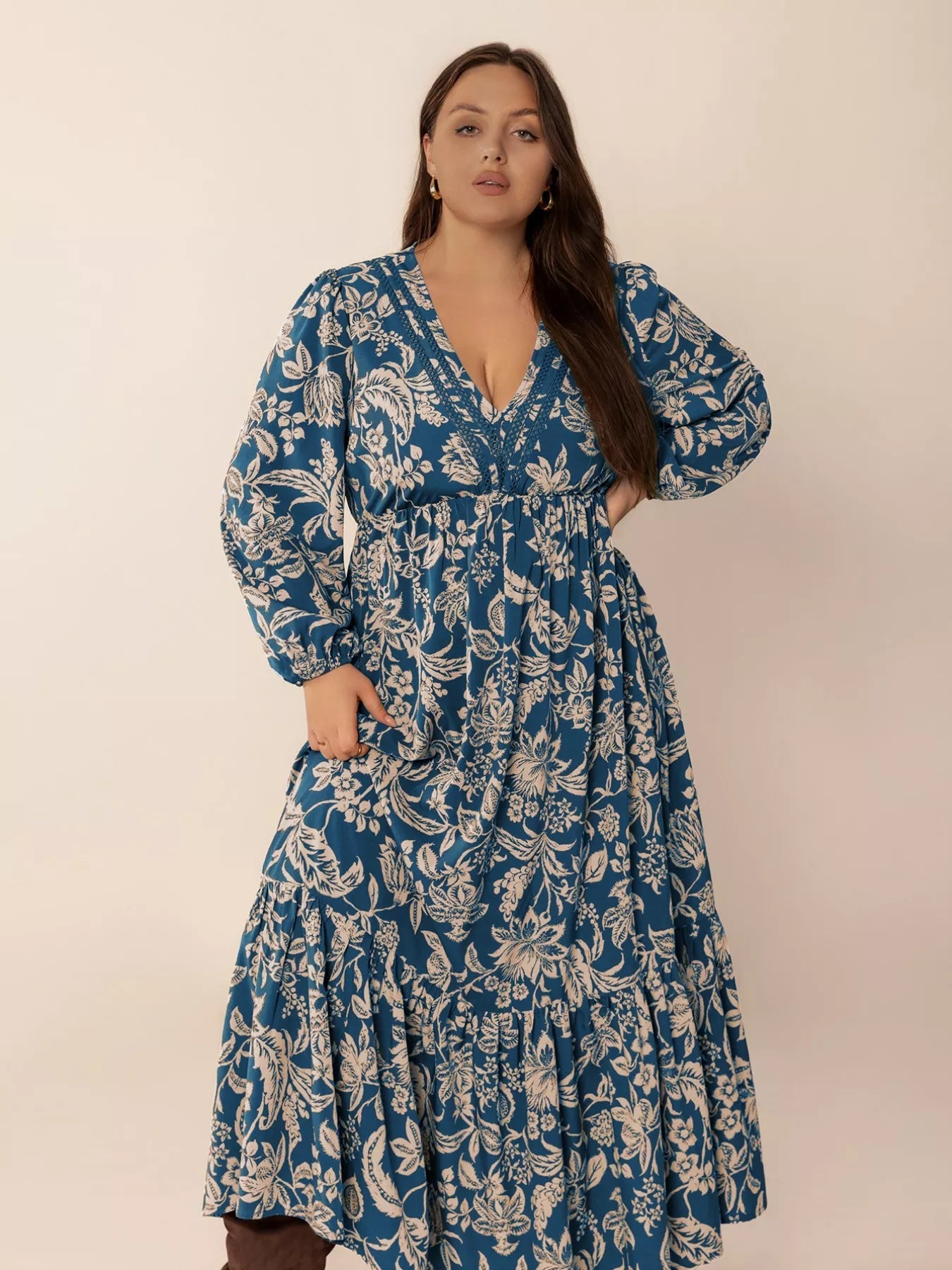 Plus Size Boho Floral Print Long Sleeve Maxi Dress 
