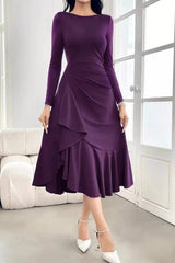 Long Sleeve Ruched Midi Dress with Asymmetrical Ruffle Hem 