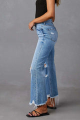 Distressed Raw Hem Jeans with Pockets 