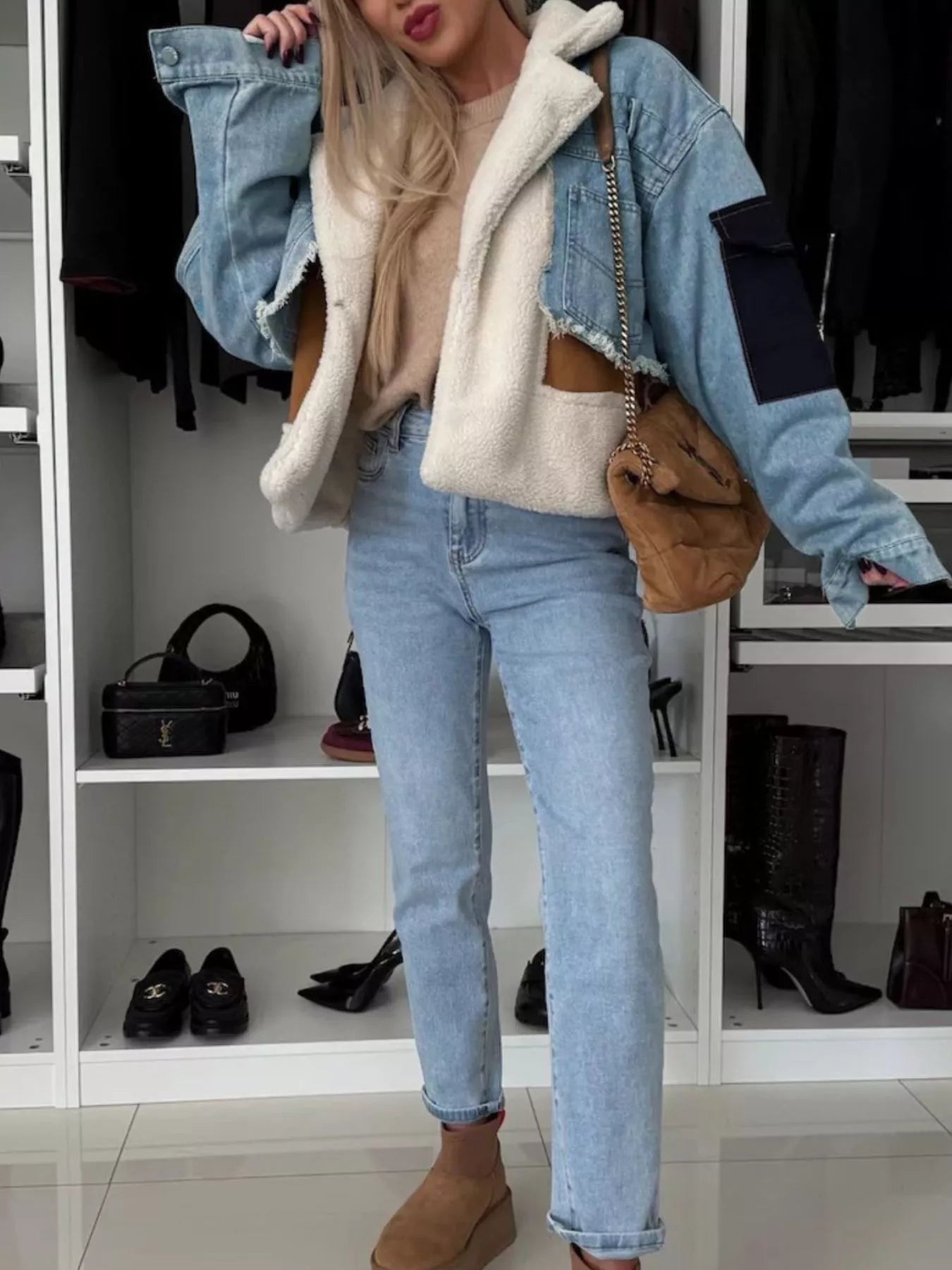 Raw Hem Sherpa Lined Denim Jacket 