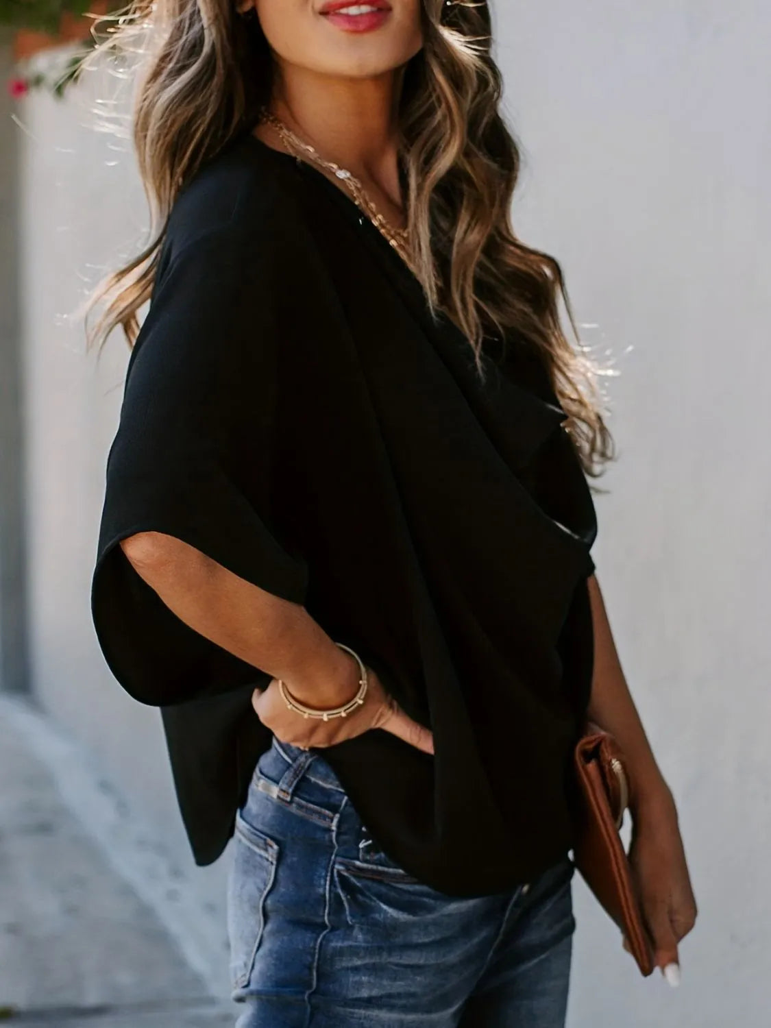 Full Size Ruched Three-Quarter Sleeve Blouse Plus Size 