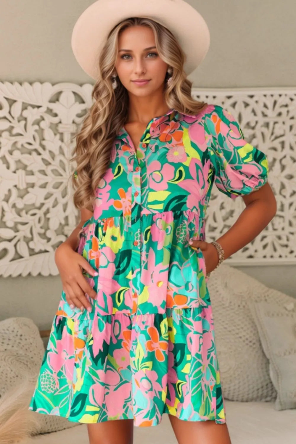 Button Down Floral Puff Sleeve Babydoll Dress 