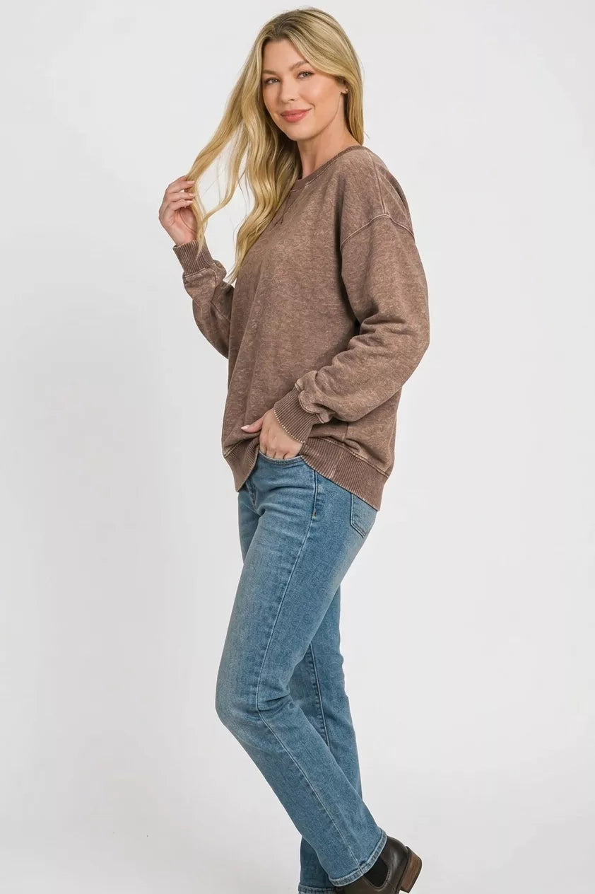Zenana Fleece Acid Enzyme Washed Round Neck Sweatshirts 
