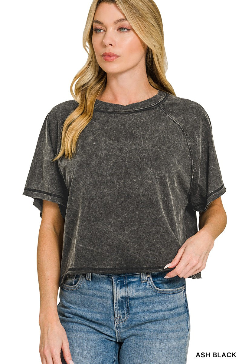 Zenana Acid Washed Round Neck Crop Tee 