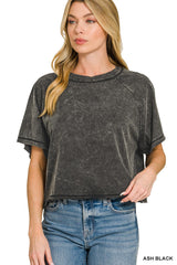 Zenana Acid Washed Round Neck Crop Tee 