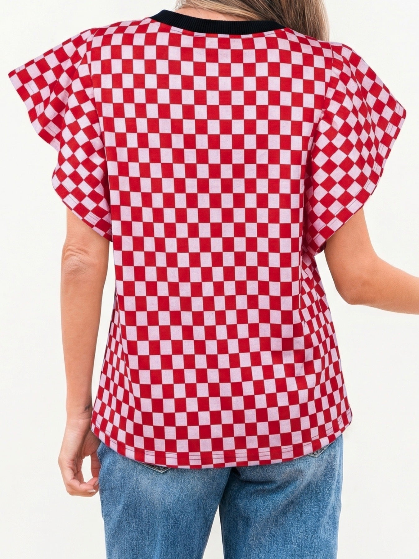 Checkered Print Ruffle Cap Sleeve Contrast Trim Round Neck Top 