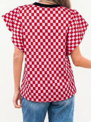 Checkered Print Ruffle Cap Sleeve Contrast Trim Round Neck Top 