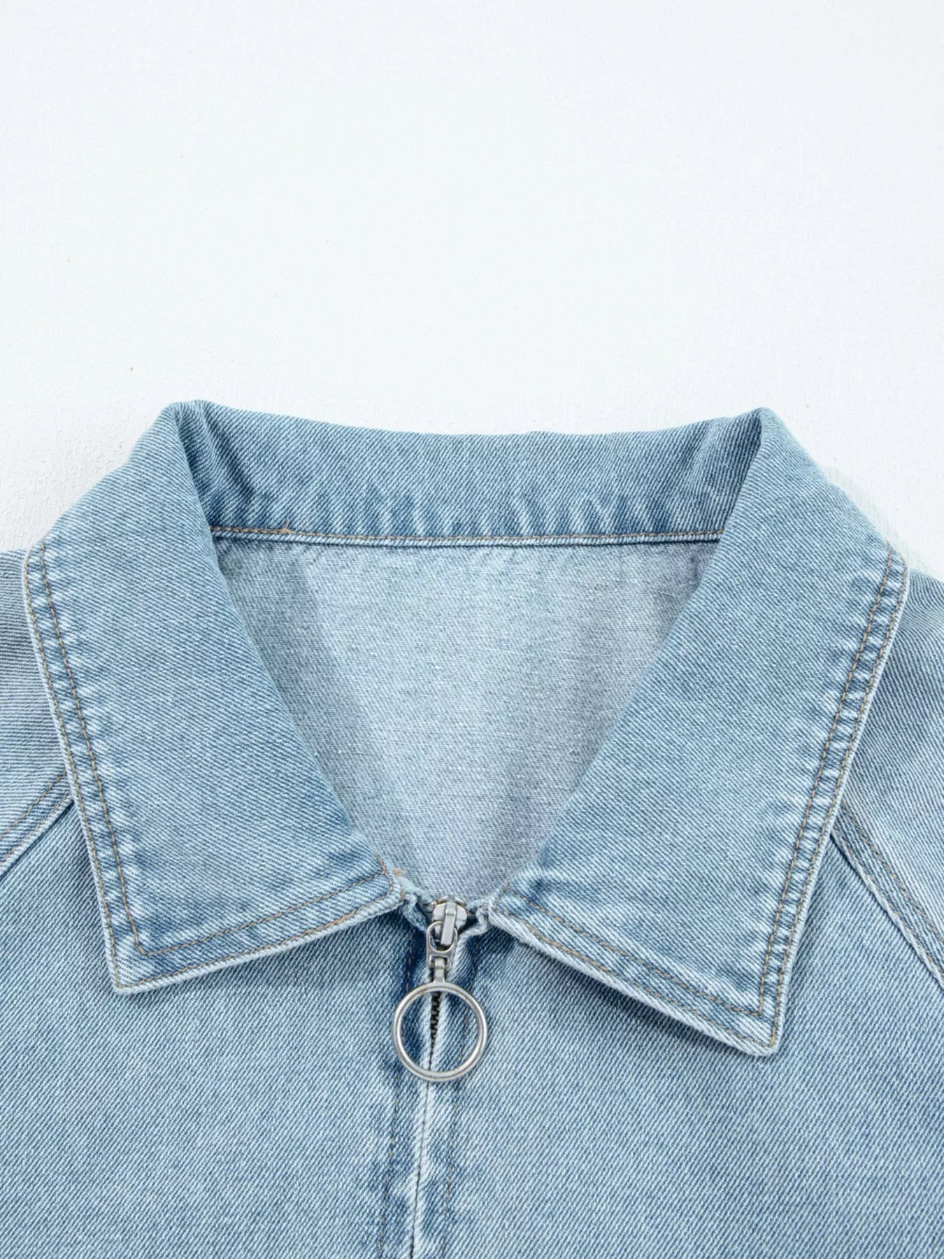 Elastic Edge Collared Zip Up Denim Jacket With Pocket 