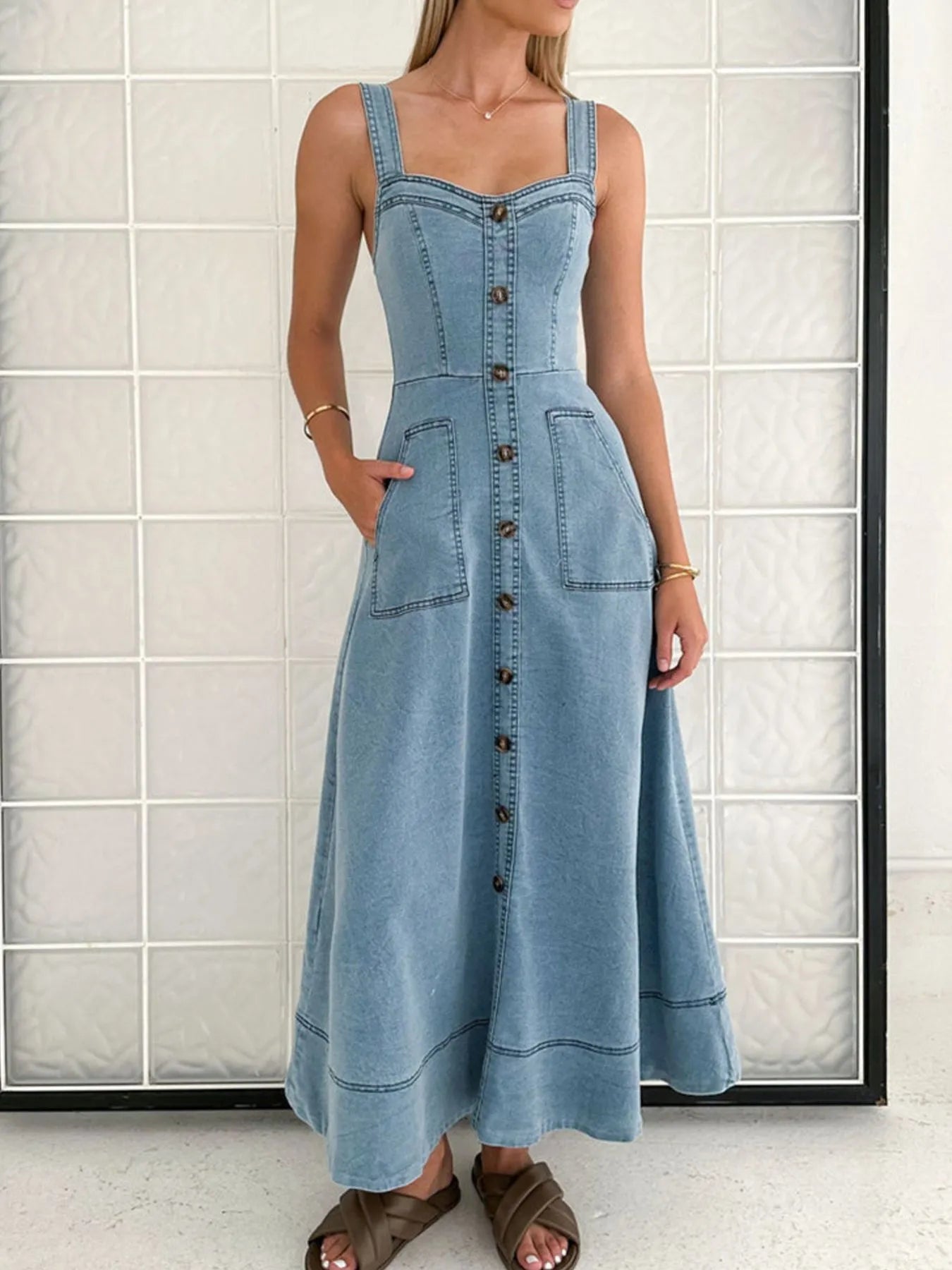 Wide Strap Sweetheart Neck Denim Dress 