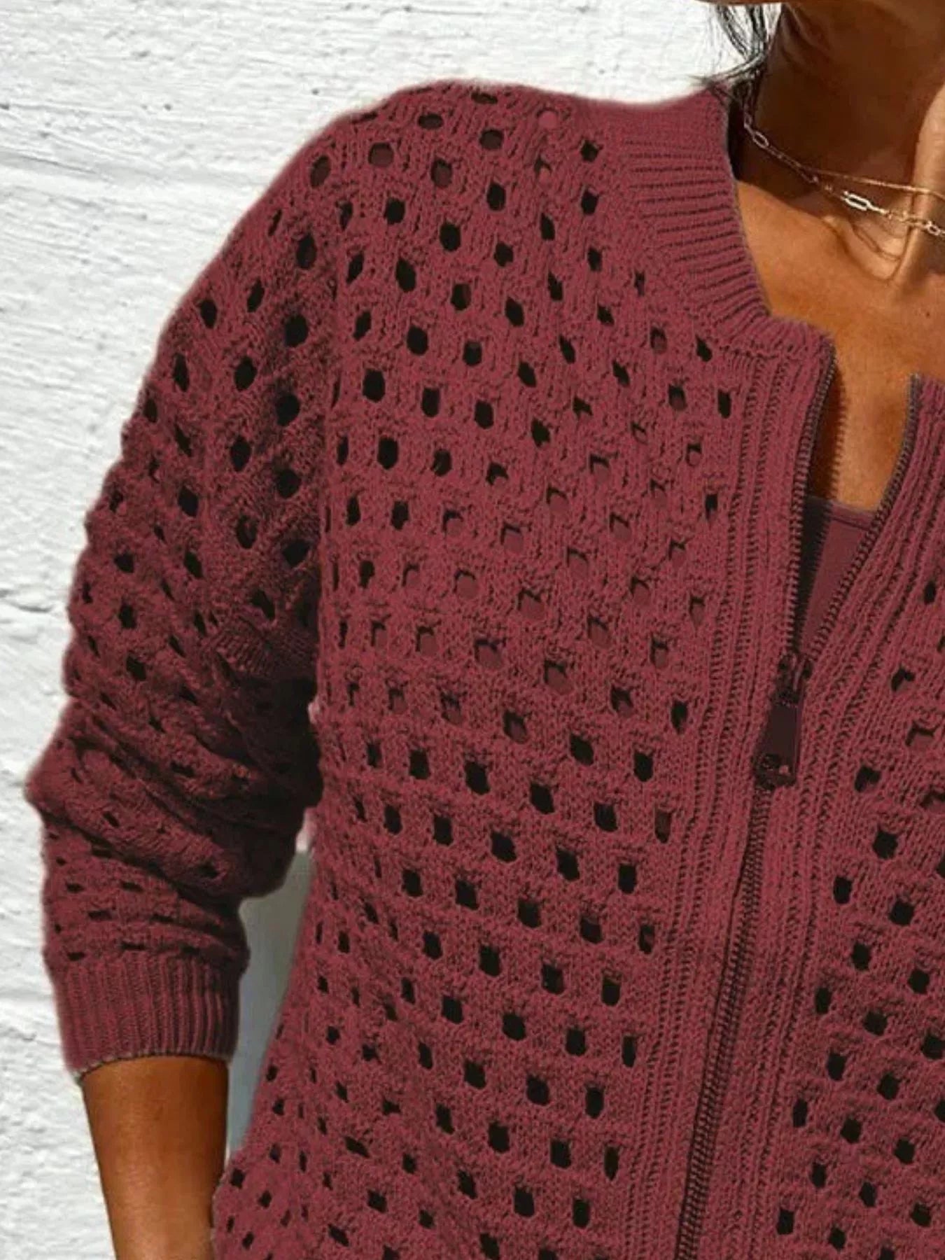 Full Size Zip Up Long Sleeve Cardigan with Eyelet Detail Plus Size 