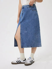 Slit Midi Denim Skirt with Pockets 