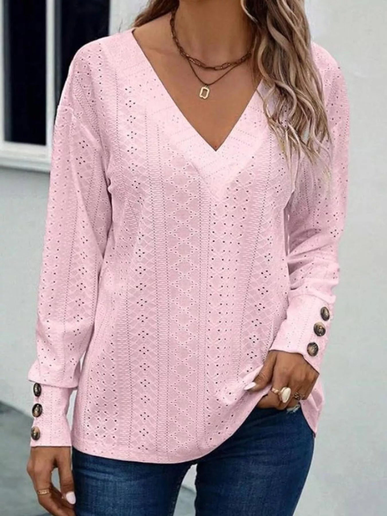Eyelet V-Neck Long Sleeve Blouse 