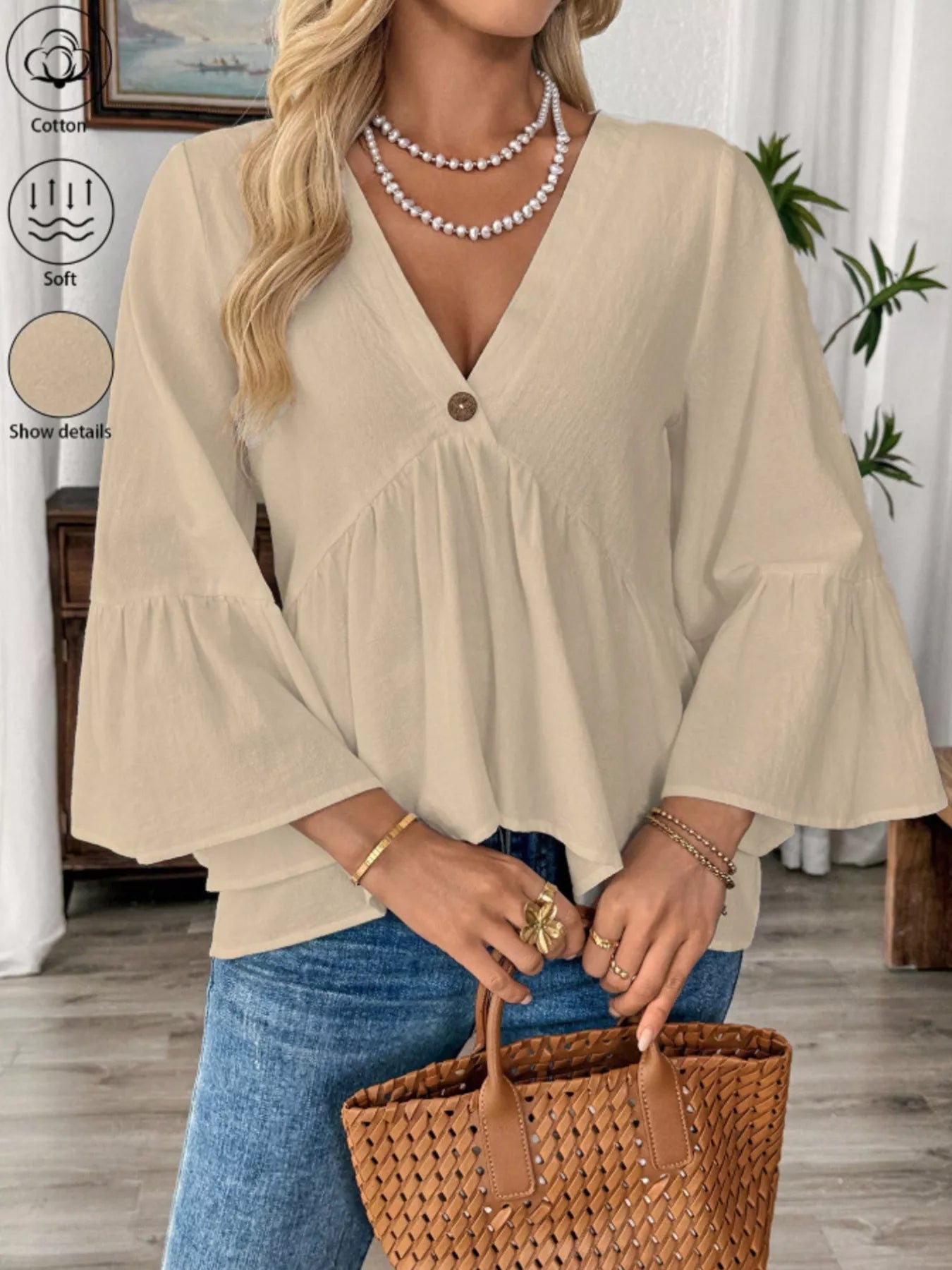 V-Neck Bell Sleeve Blouse 
