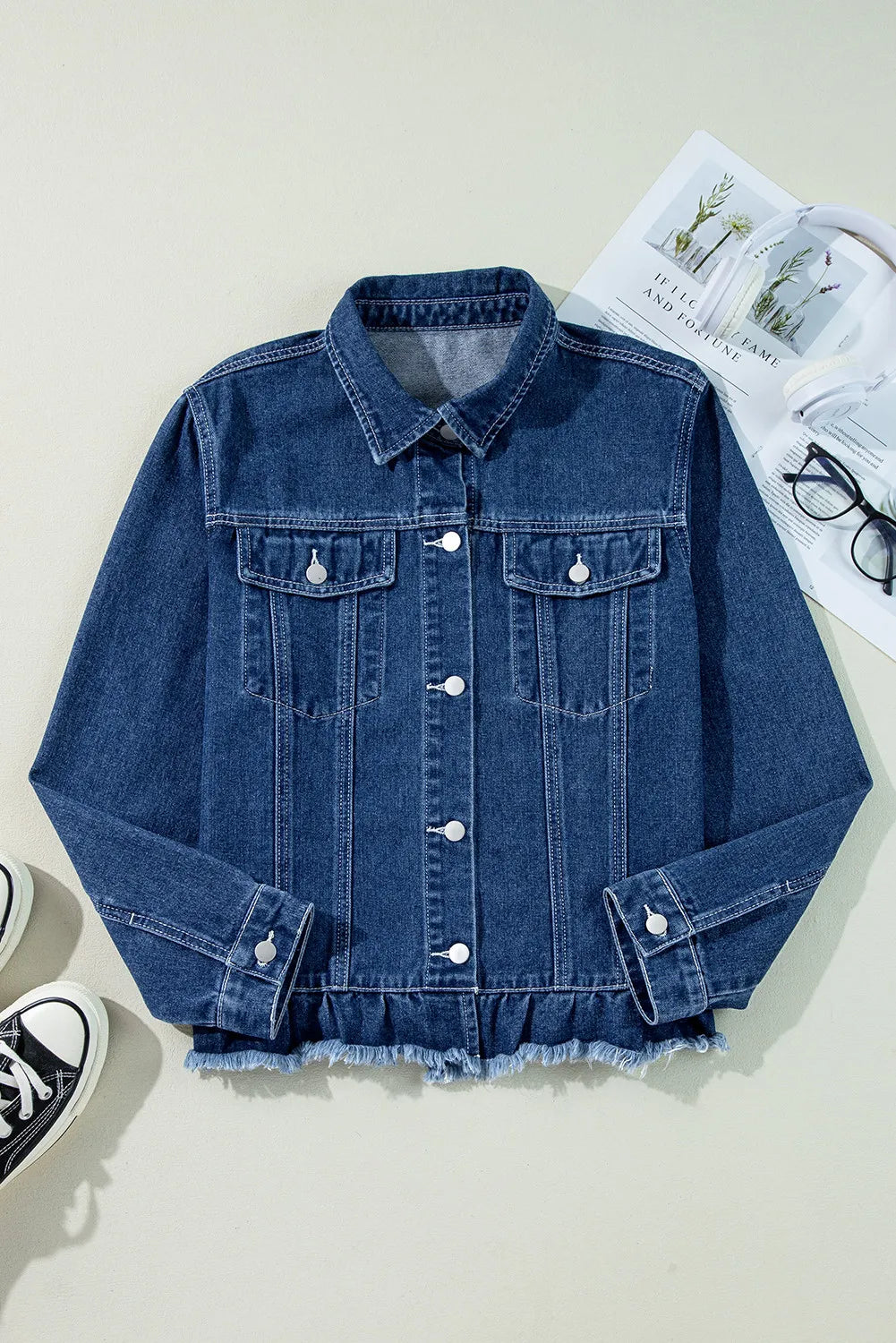Raw Hem Long Sleeve Denim Jacket 