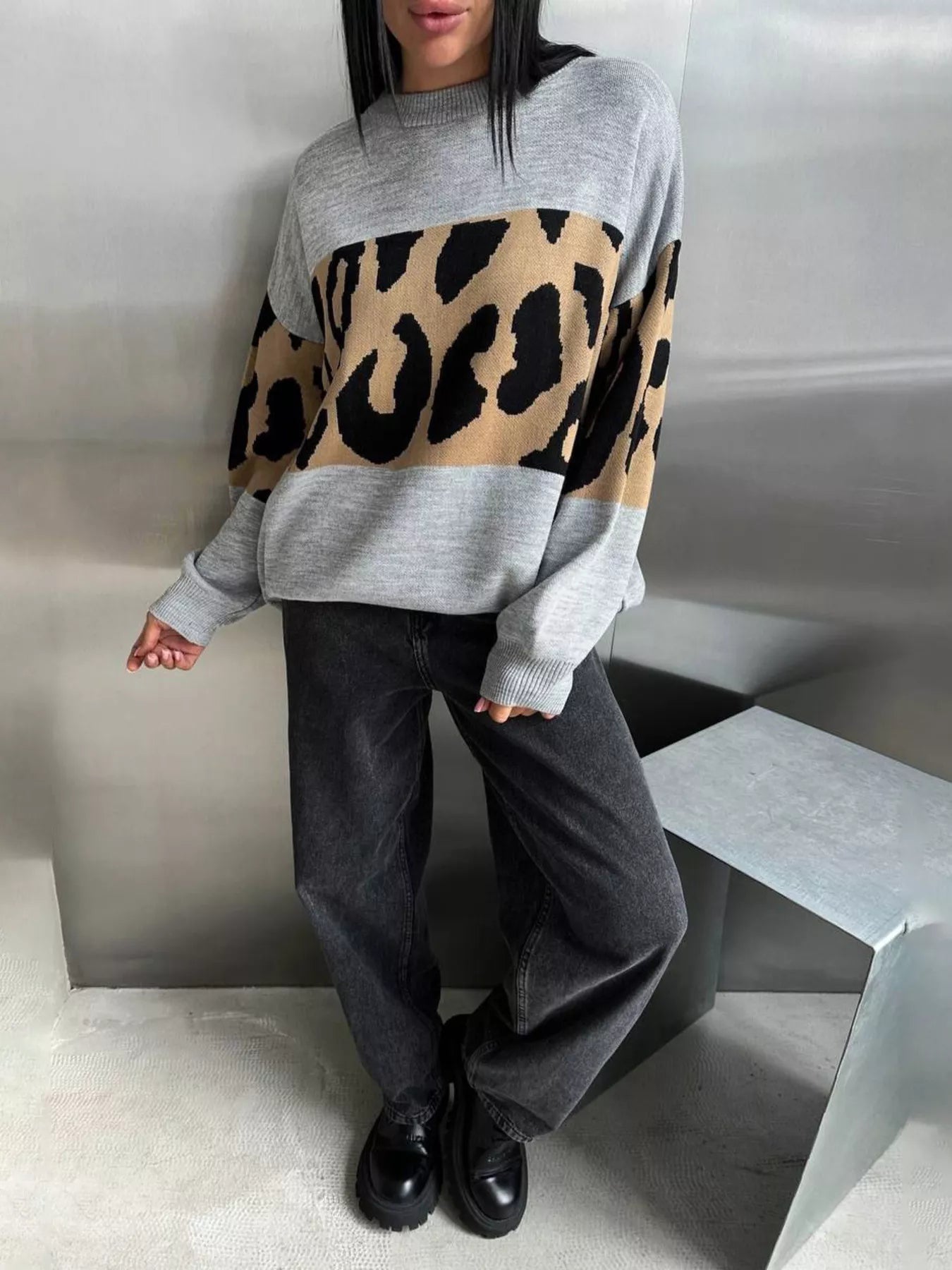 Leopard Color Block Round Neck Sweater 