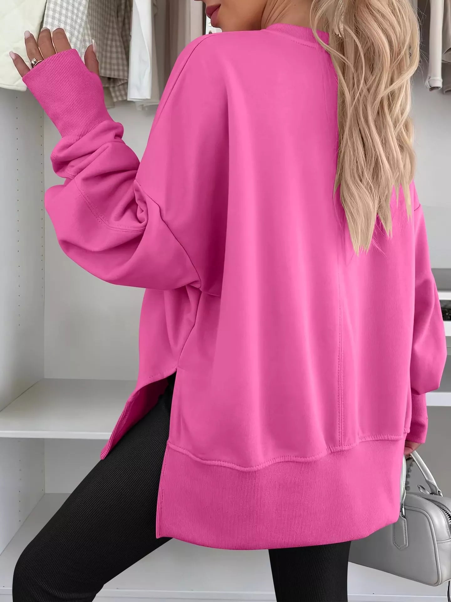 Side Slit Round Neck Long Sleeve Sweatshirt 