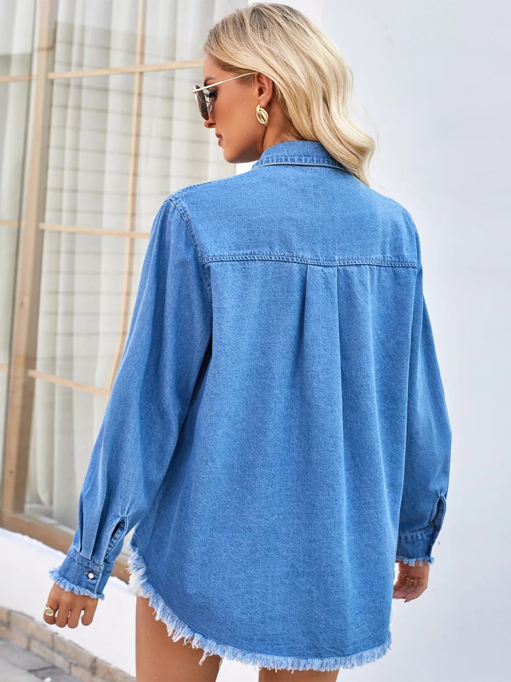 Raw Hem Button Up Long Sleeve Denim Jacket with Sequin Pockets 