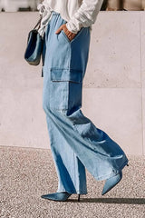 Drawstring Cargo Pocket Wide Leg Jeans 