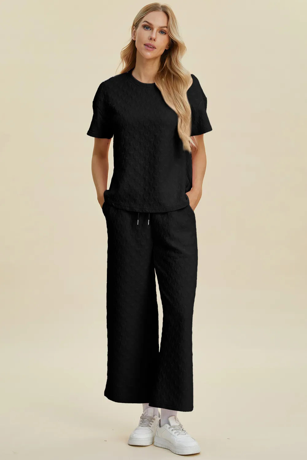 Double Take Full Size Texture Round Neck Short Sleeve Top and Pants Set 