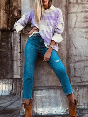 Plaid Round Neck Long Sleeve Sweater 