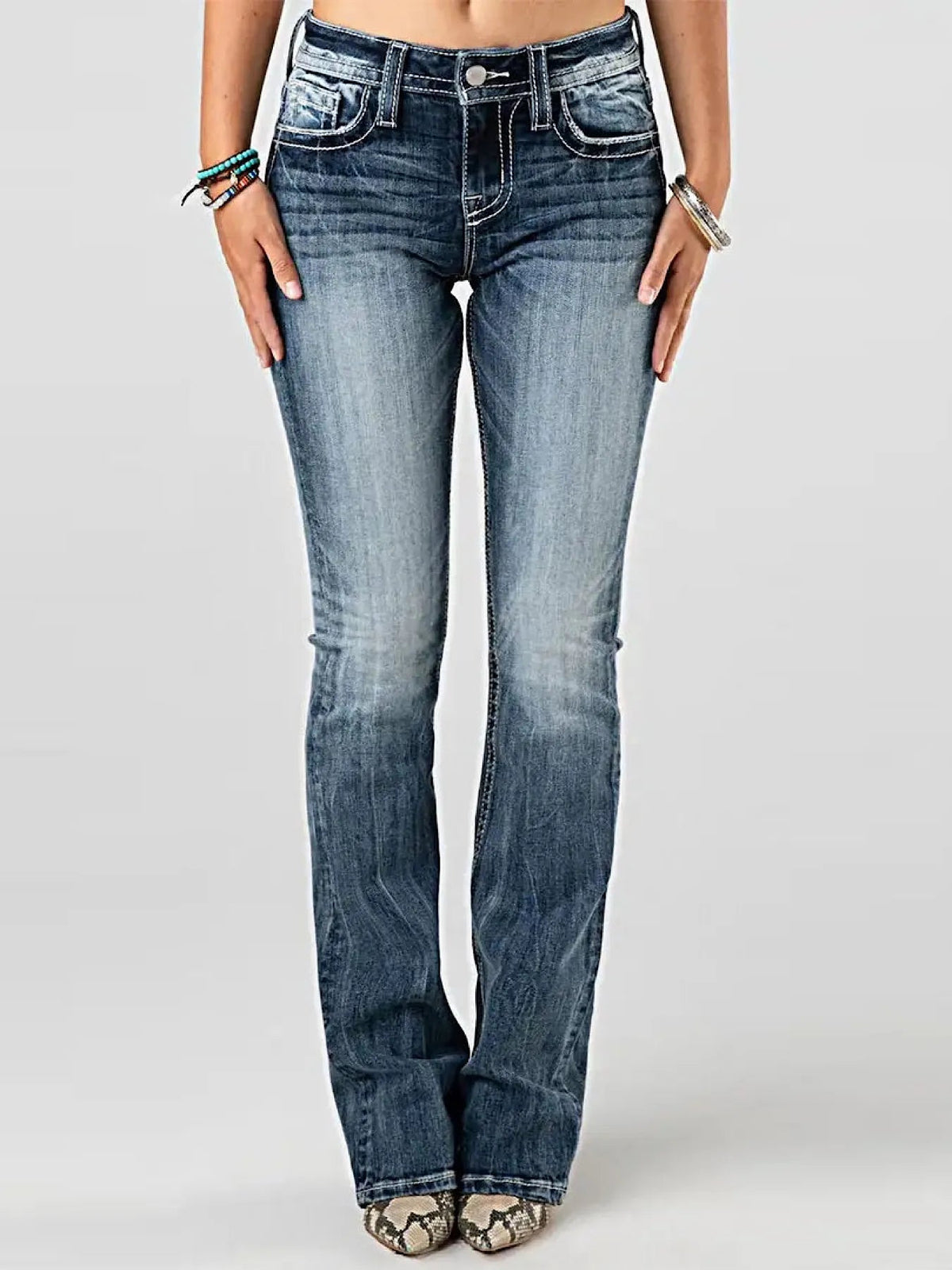 Embroidered Washed Bootcut Jeans 