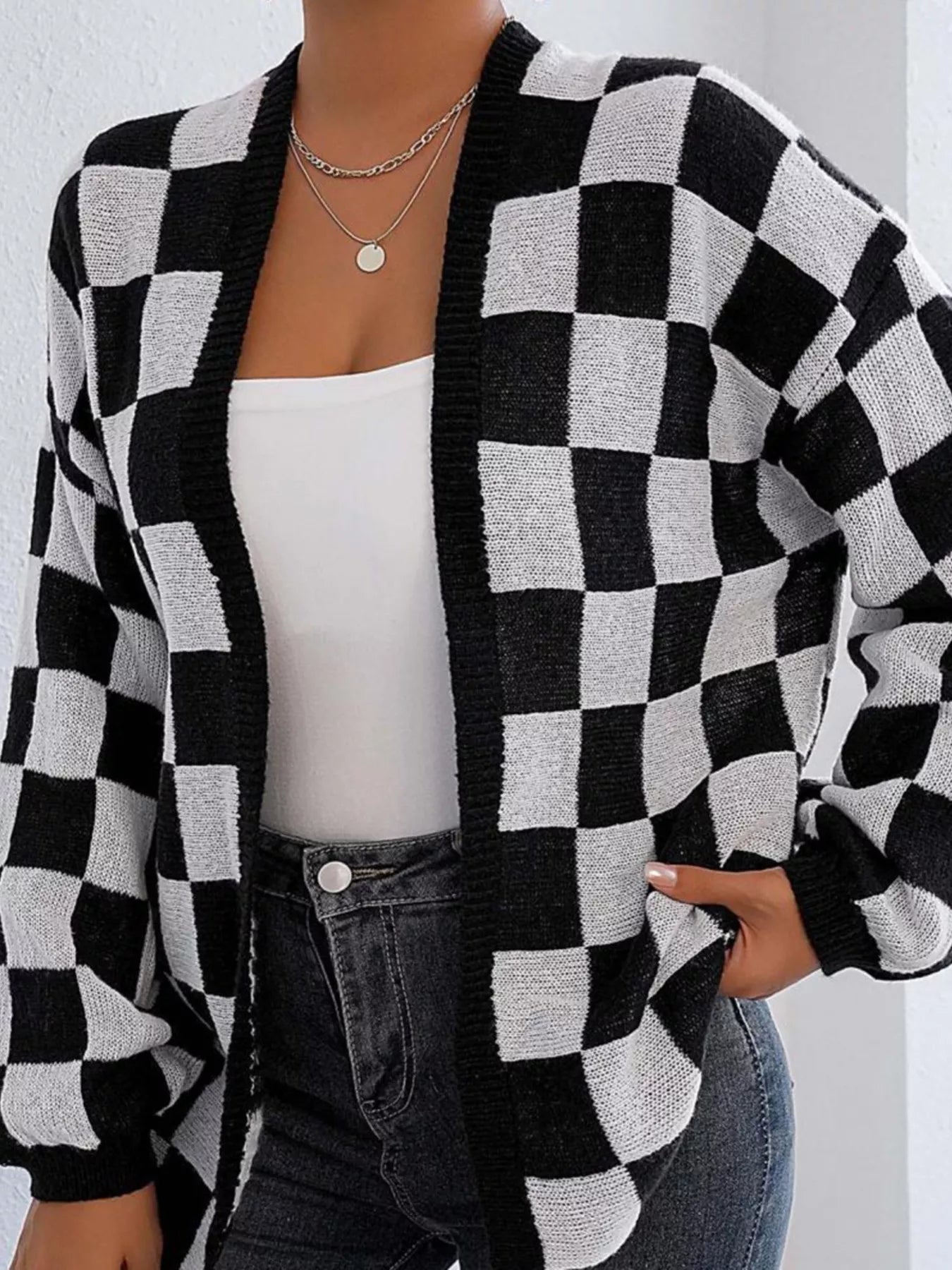 Checkerboard Pattern Open Front Knit Cardigan 