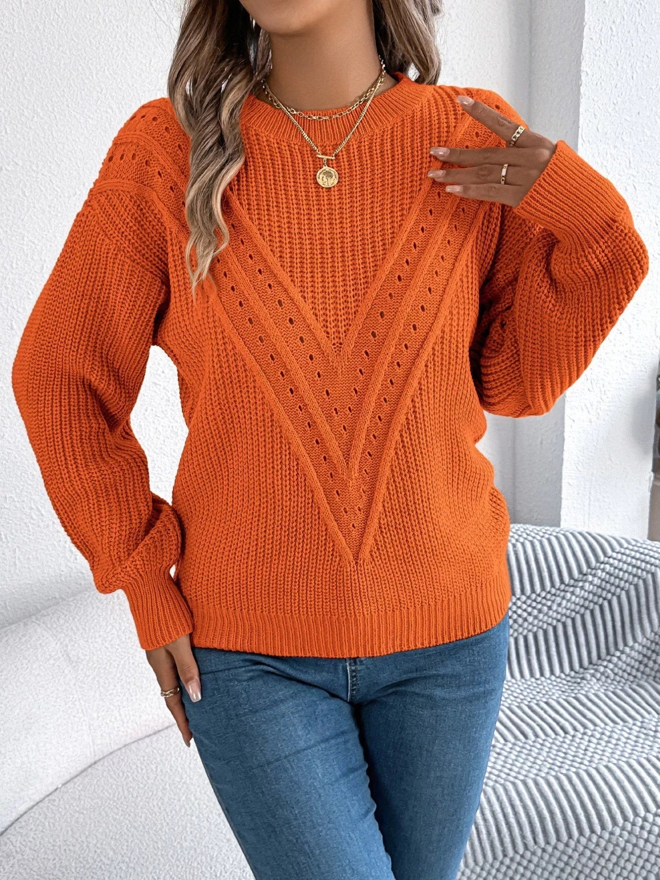 Openwork Round Neck Sweater 