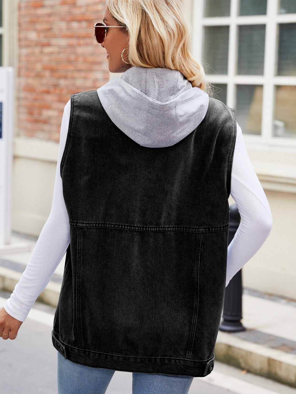 Drawstring Hooded Sleeveless Denim Jacket 