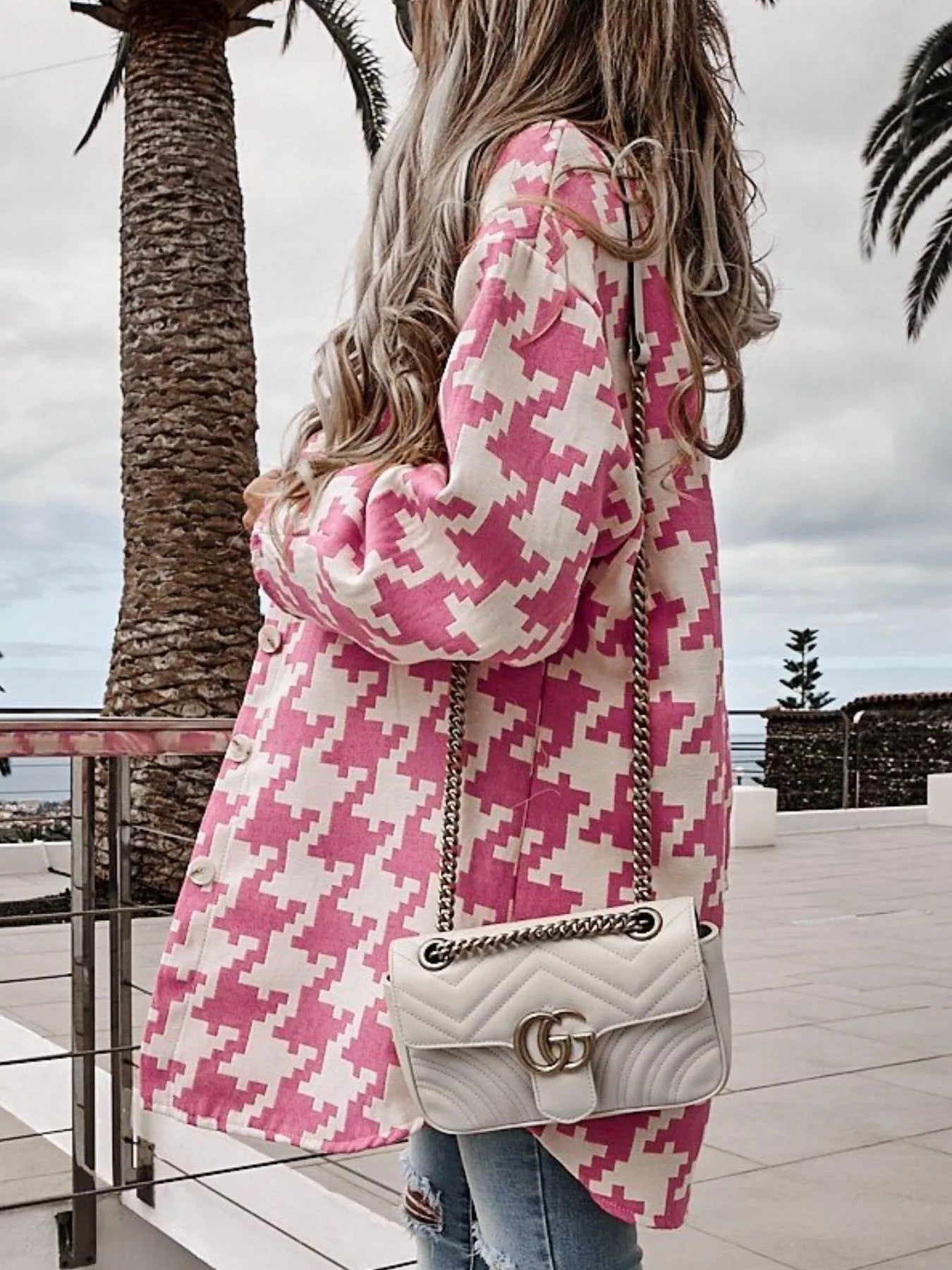 Houndstooth Button Up Long Sleeve Outerwear 
