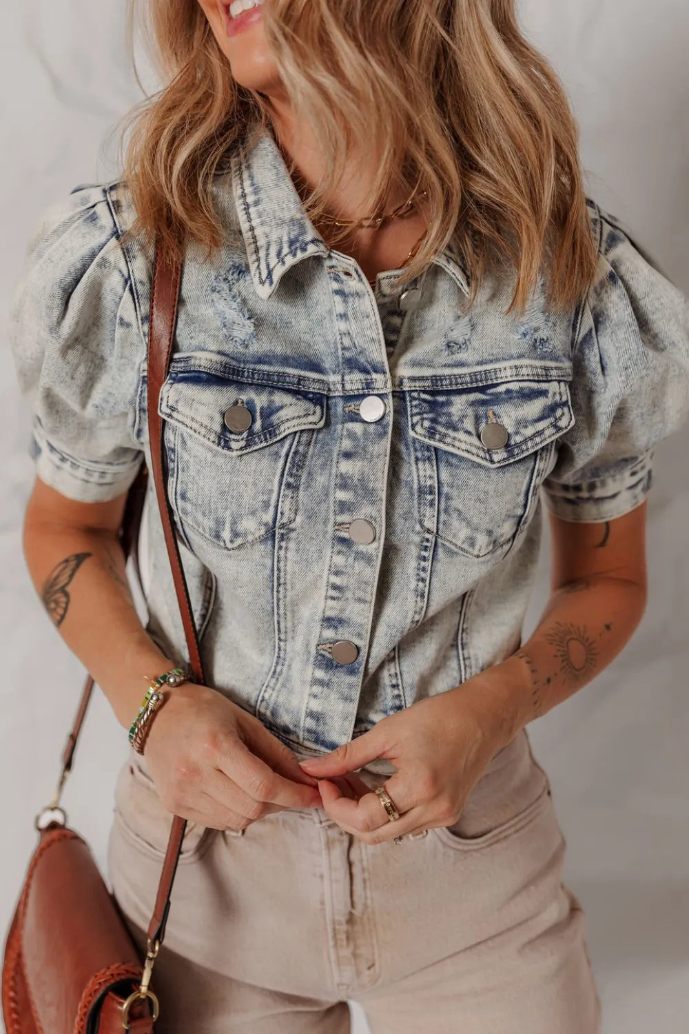 Wash Buttoned Chest Pocket Puff Sleeve Denim Jacket 