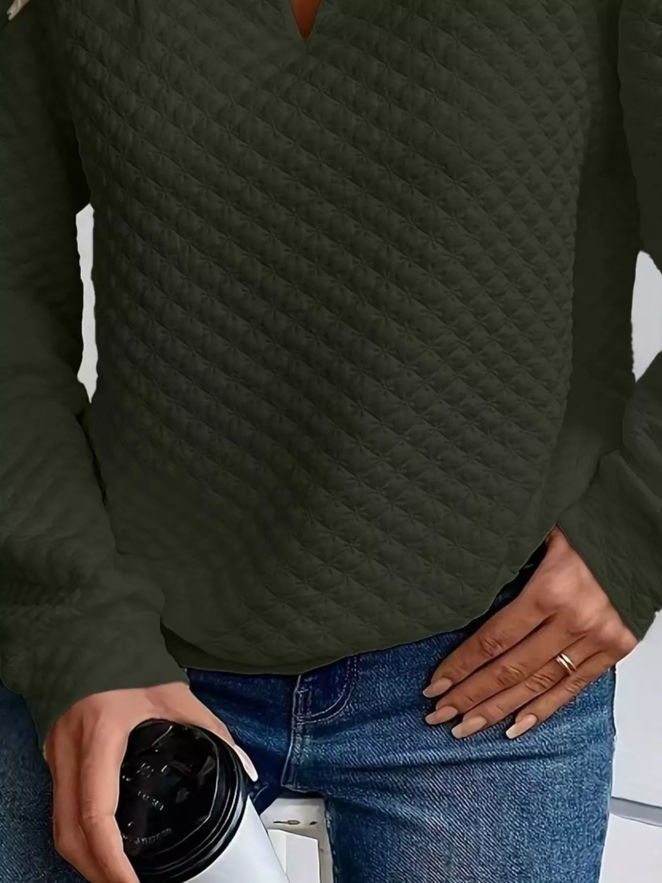 Textured Notched Raglan Sleeve Sweatshirt 