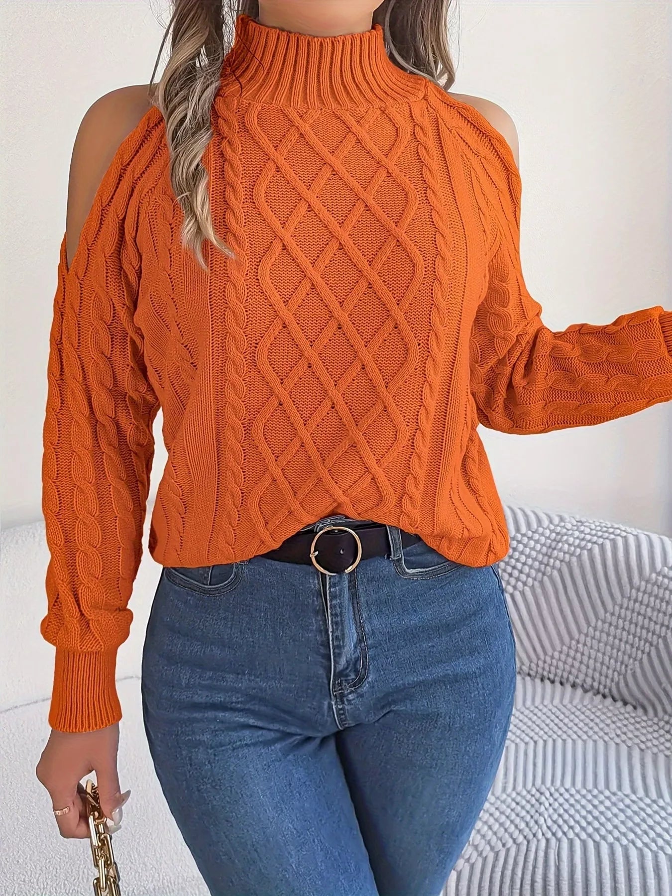 Cable Knit Cold Shoulder Turtleneck Sweater 