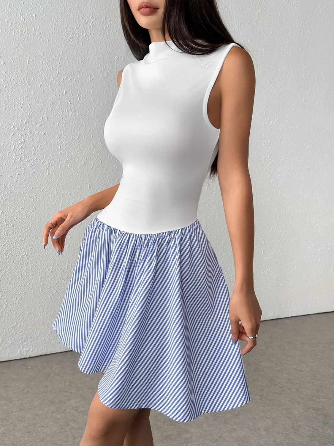 Striped Mock Neck Sleeveless Mini Tank Dress 