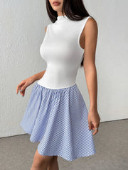 Striped Mock Neck Sleeveless Mini Tank Dress 