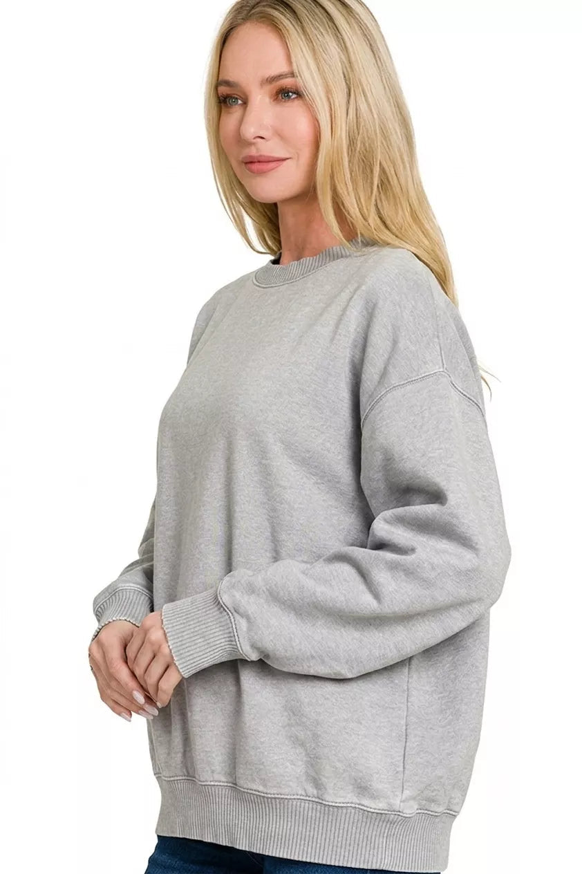 Zenana Fleece Acid Enzyme Washed Round Neck Sweatshirts 