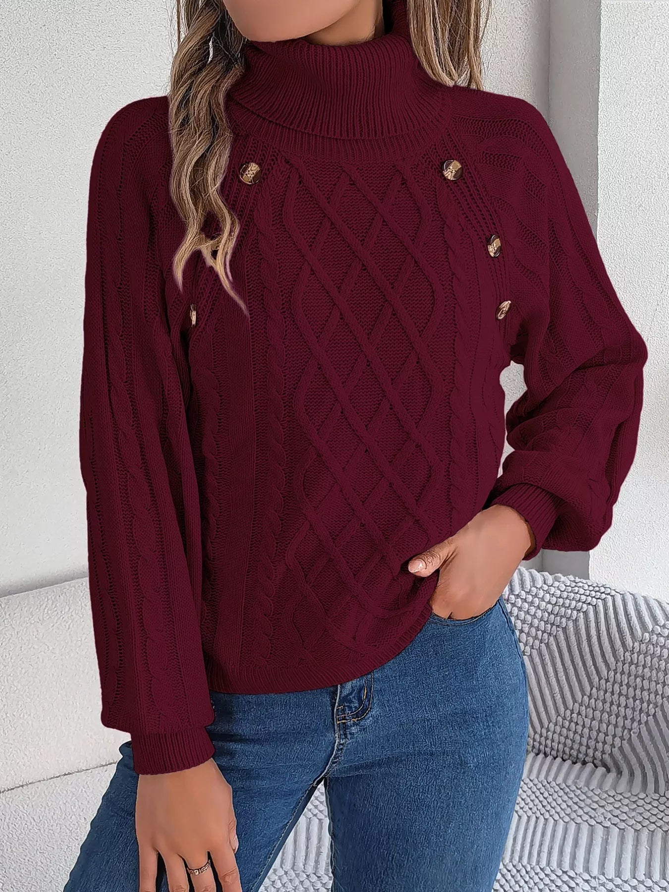 Cable Knit Turtleneck Long Sleeve Sweater 